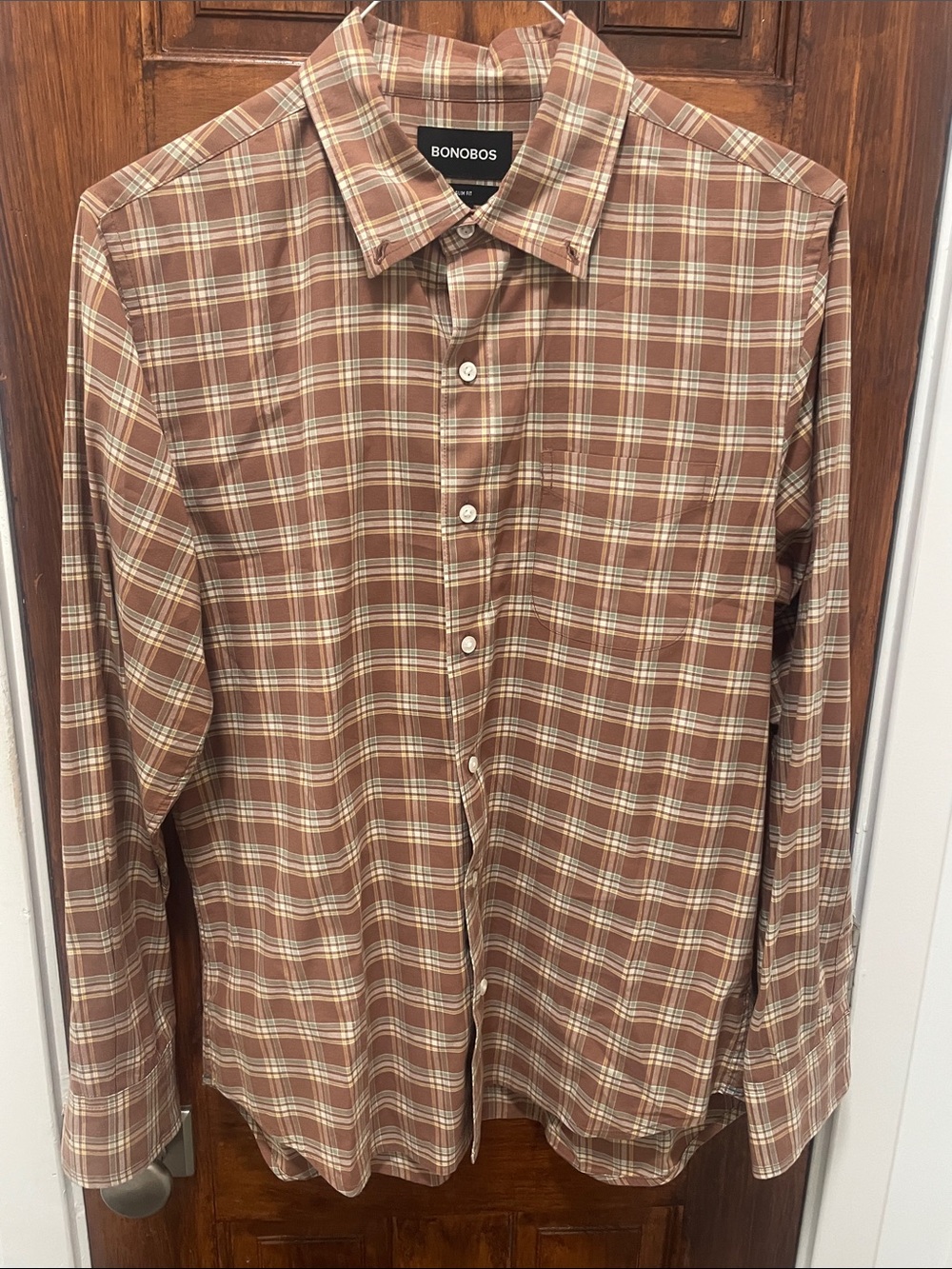 Bonobos Tan and Cream Plaid Button-Down Slim Fit Shirt, size medium. - Picture 2 of 7